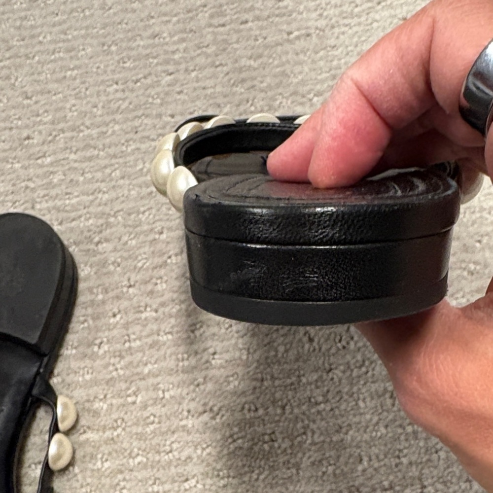 CHANEL Black Leather Pearl-Trim Slide Sandals - Picture 7 of 10